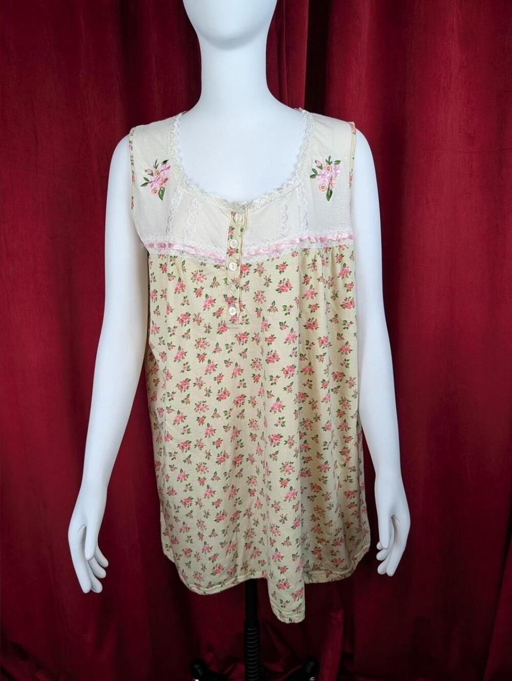 Moon Dance Butter Yellow & Pink Floral Embroidered Lace Trim 100% Cotton Nightie